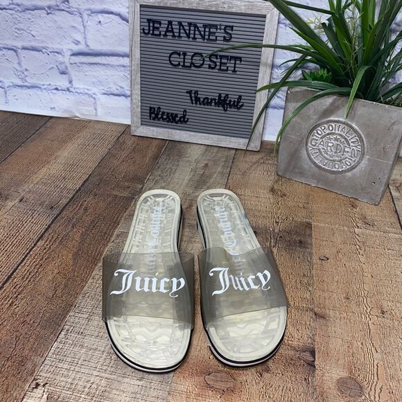 Juicy Couture In Love Black Smoke Clear Transparent Slides Sandals RARE - Picture 1 of 12